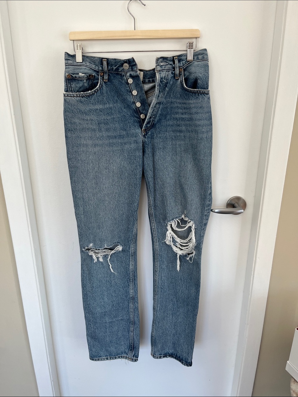 Agolde Straight Leg Distressed Jeans - Mid Blue
